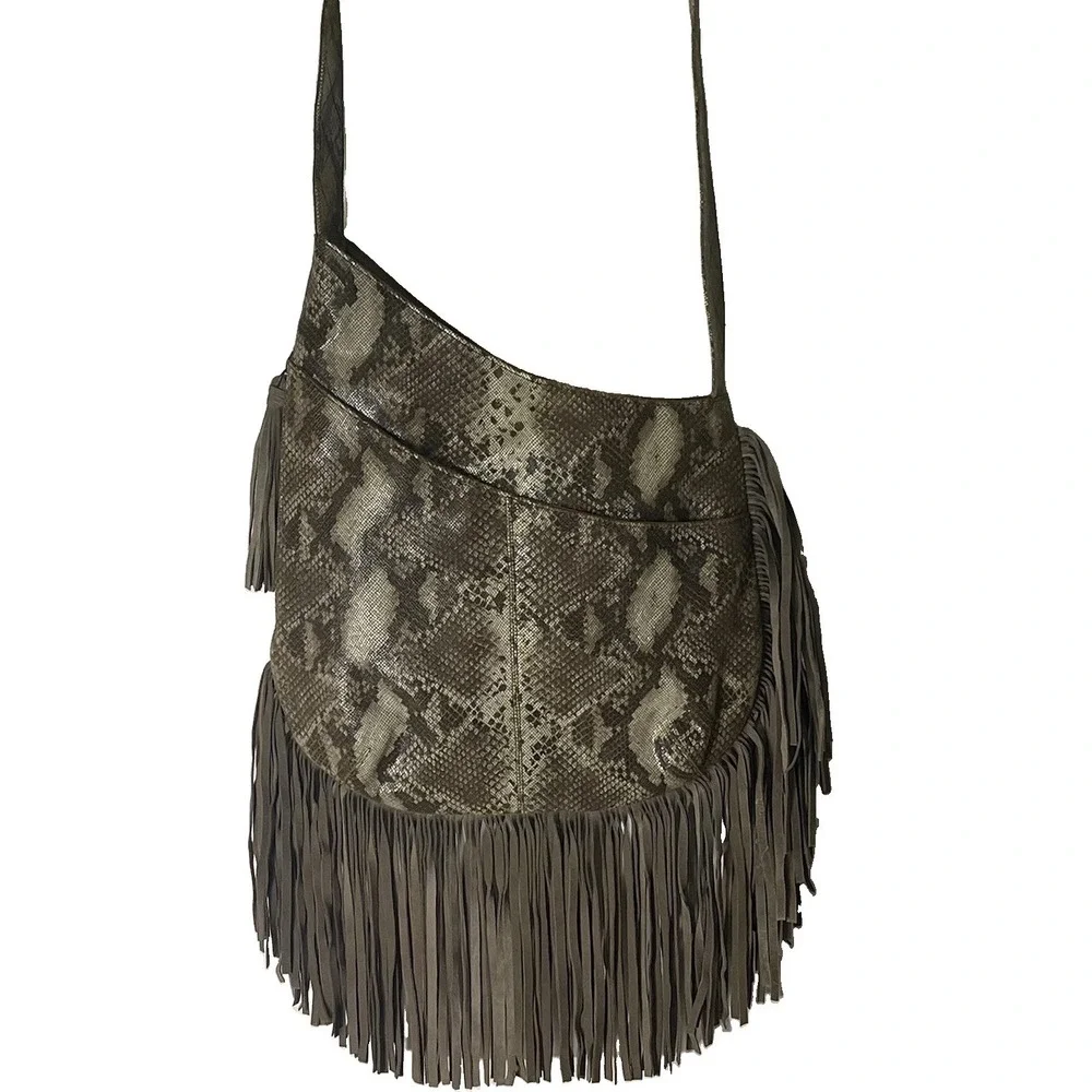 MUXO Camila Alves Boho Fringe Hobo Shoulder Bag Brown Python Suede Leather